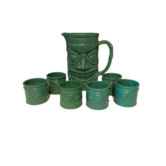 Vintage Tiki Teal Green Ceramic Pottery Pitcher with 6 Matching Glasses Set - Picture 1 of 8